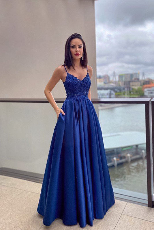 A-Line V-neck Spaghetti Straps Royal Blue Prom Dresses With Lace Top D – Demodresses