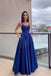 A-Line V-neck Spaghetti Straps Royal Blue Prom Dresses With Lace Top DMP008