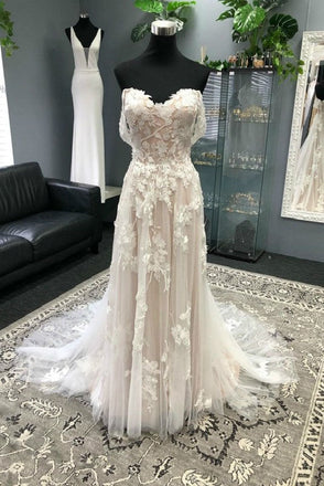 A-Line/Princess Off-the-Shoulder Tulle Lace Appliques Sleeveless Wedding Dresses DM1826