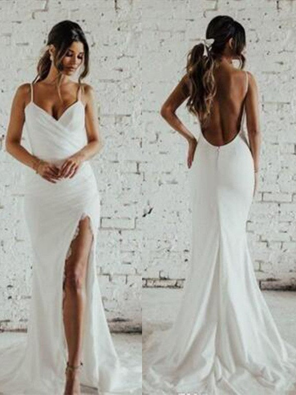 Column Spaghetti Straps Ruched Sleeveless Split Beach Wedding Dresses DM1876