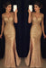 Luxurious Mermaid V-neck Sequin Gold Long Prom Dresses DMD70