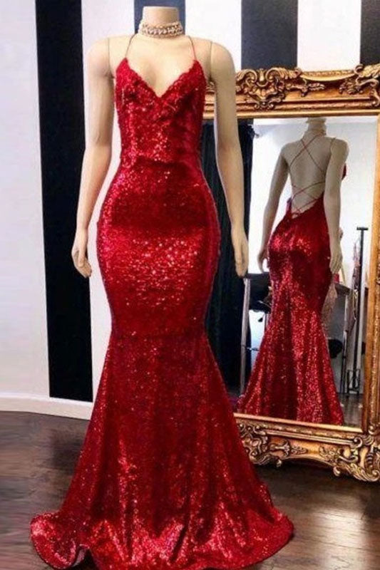 Burgundy Mermaid Spaghetti Straps Sleeveless Sequins Long Prom Dresses DM1861