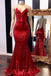 Burgundy Mermaid Spaghetti Straps Sleeveless Sequins Long Prom Dresses DM1861