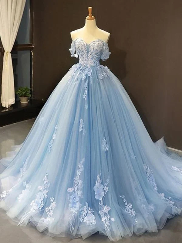 Ball Gown Tulle Off-the-Shoulder Sleeveless Appliques Princess Prom Dresses DM1856