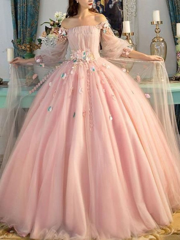 Ball Gown Off-the-Shoulder Tulle Long Sleeves Hand-Made Flower Floor-Length Prom Dresses DM1866