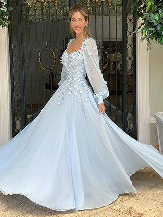 A-Line/Princess Sweetheart Long Sleeves Chiffon Long Prom Dresses DMP010