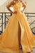 Yellow A-Line Satin Strapless Sleeveless Long Prom Dresses With Slit DM1819