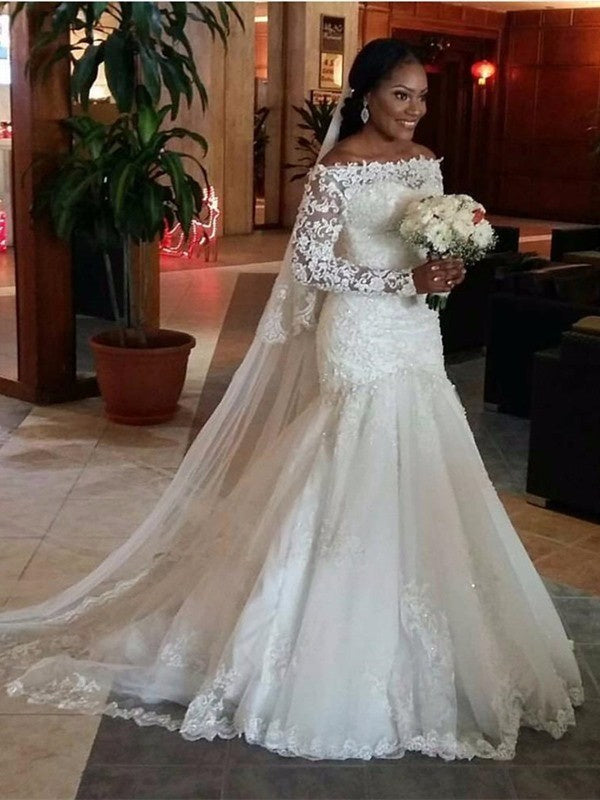 Mermaid Off-the-Shoulder Long Sleeves Lace Tulle Wedding Dresses DM1875