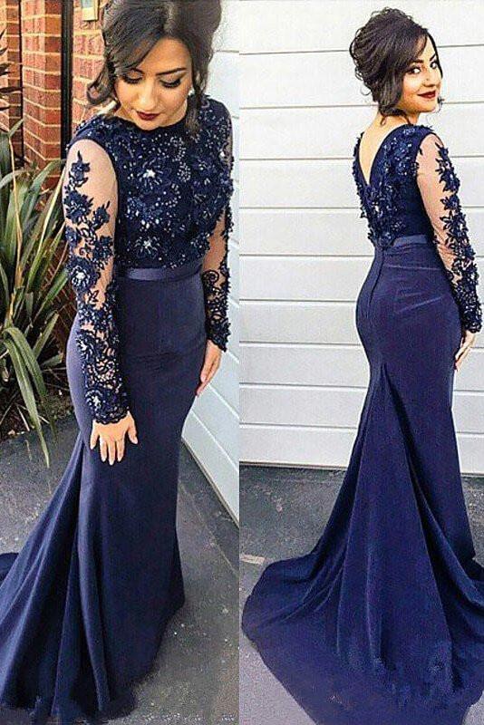 Trumpet/Mermaid Lace Appliques Blue Long Sleeves Plus Size Dresses DMF45