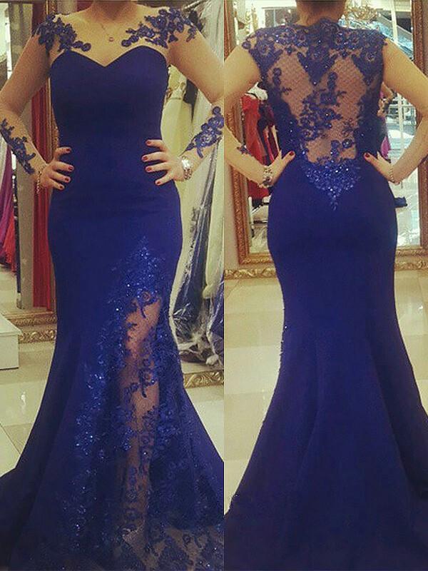 New Arrival Scoop Applique Long Sleeves Royal Blue Mermaid Plus Size Dresses DMF47