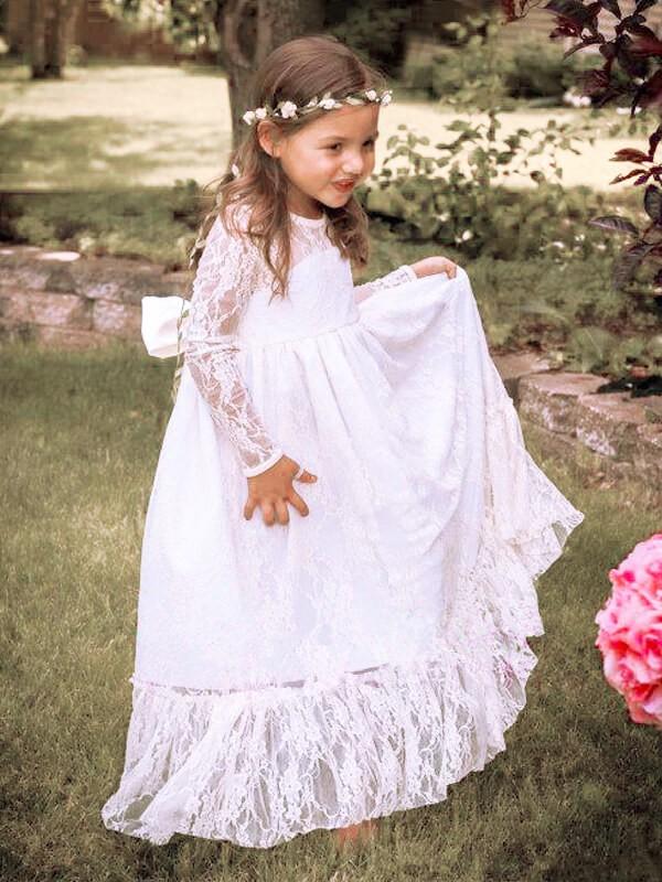 Ivory A-Line Long Sleeves Jewel Bowknot Lace Floor-Length Flower Girl Dress DM708