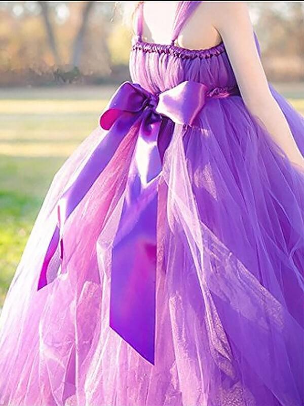 Fuchsia Ball Gown Straps Sleeveless Bowknot Floor-Length Tulle Flower Girl Dress DM706