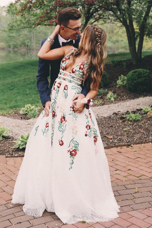 Charming V Neck Floral Embroidery Long Lace Prom Dress with Pocket DMJ1