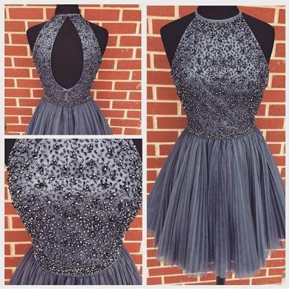 New Arrival Open Back Gray Tulle Short Prom Dresses Homecoming Dress DMJ92