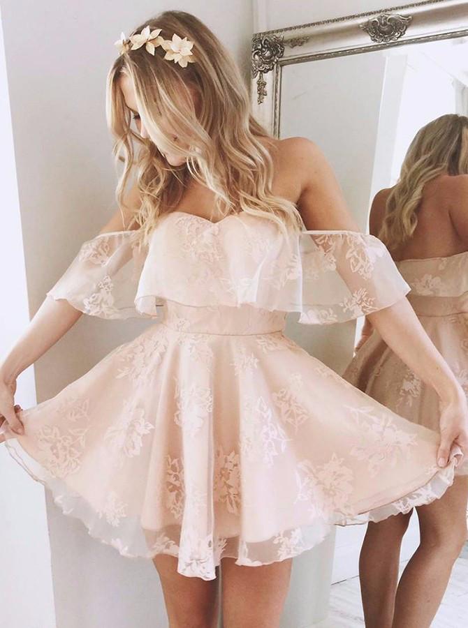 A-Line Off-the-Shoulder Short Homecoming Dress,Pearl Pink Homecoming Dresses DM200
