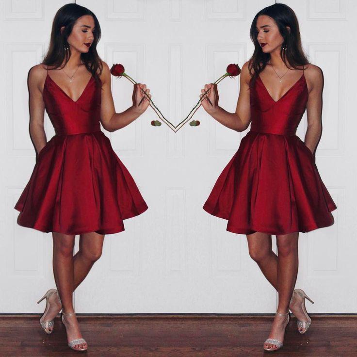 Burgundy Short Cute Simple Spaghetti Straps Homecoming Dress DM201