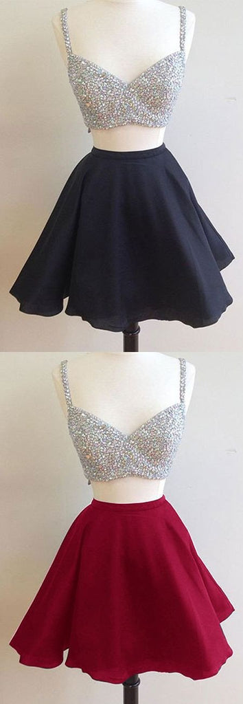 Sexy Black A Line Beading Two-piece Homecoming Dresses,Bling Cocktail Dresses DM298