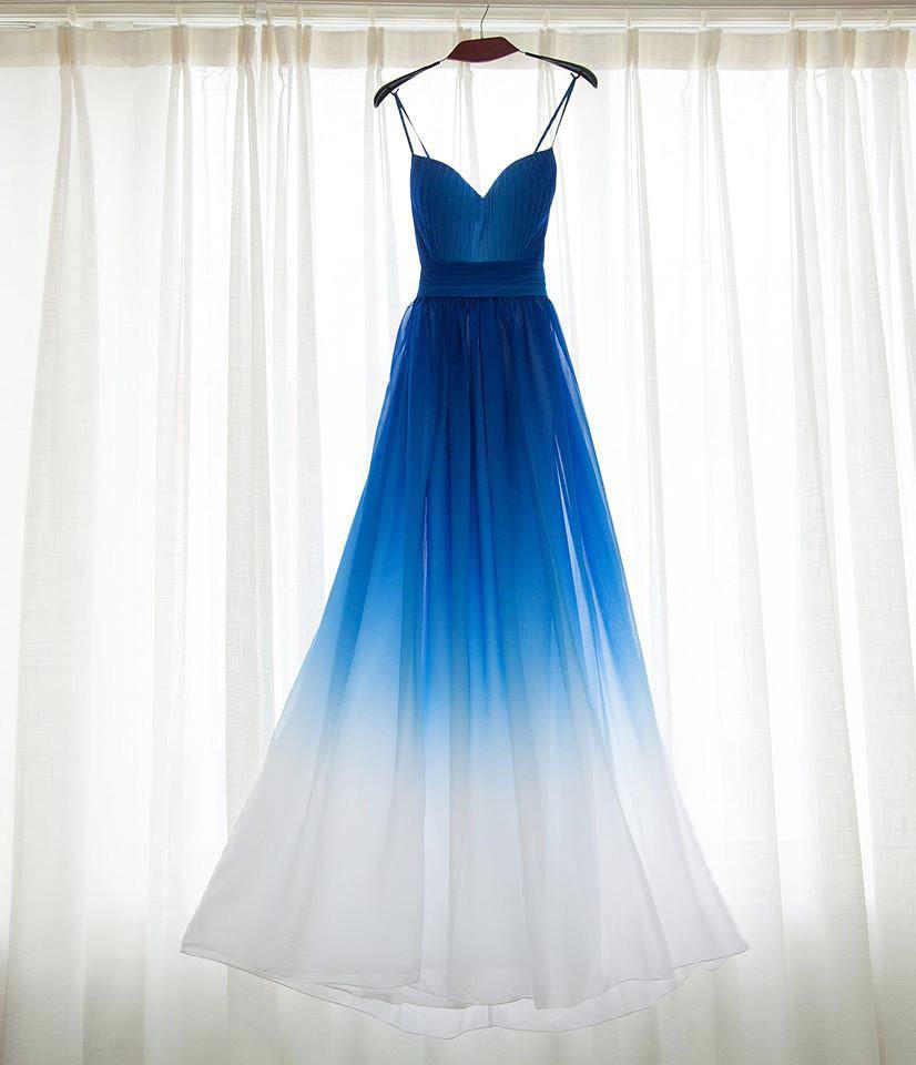 Royal Blue White Ombre Long Bridesmaid Dress,A-line Sweetheart Chiffon Prom Dresses DM241