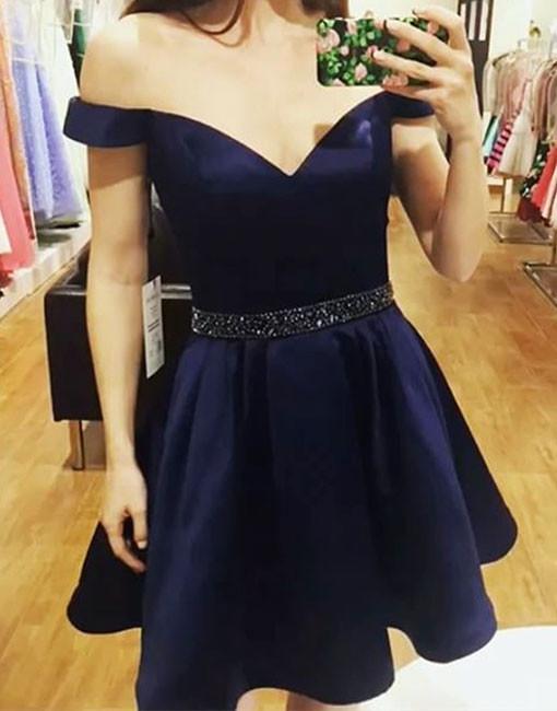 Cute Off Shoulder A line Beaded Satin Burgundy Short Homecoming Dresses,Sweet 16 Dress DM234