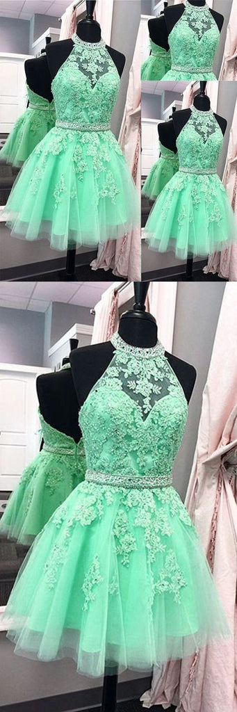 A Line Halter Tulle Appliques Backless Prom Dress,Green Homecoming Dresses DM325