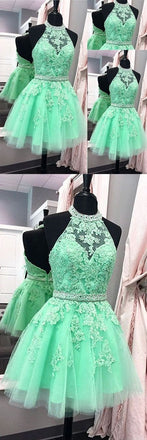 A Line Halter Tulle Appliques Backless Prom Dress,Green Homecoming Dresses DM325