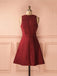 Simple Burgundy Satin A-line Deep V-neck Short Homecoming/Prom Dresses,Graduation Dresses DM424