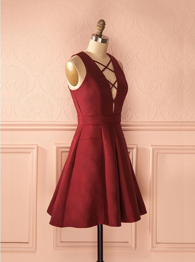 Simple Burgundy Satin A-line Deep V-neck Short Homecoming/Prom Dresses,Graduation Dresses DM424