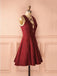Simple Burgundy Satin A-line Deep V-neck Short Homecoming/Prom Dresses,Graduation Dresses DM424