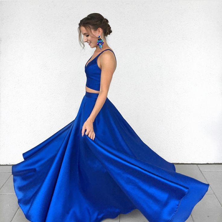 Sexy Royal Blue Two-Piece Long Prom Dress,Simple Satin Blue Formal Evening Dress DM414