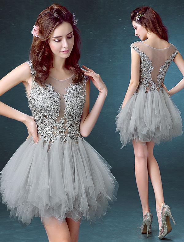 Tulle Scoop Unique Junior Homecoming Dress with appliques,Graduation Dress DMN99