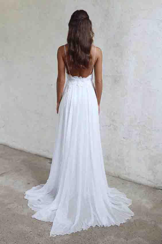 Spaghetti Strap White Chiffon Lace Appliqued V-neck Summer Beach Wedding Dresses DM548