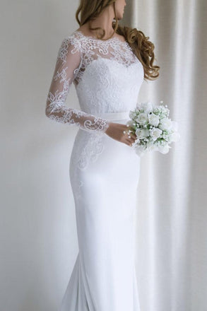 Elegant Lace Long Sleeves Sweep Train White Mermaid Wedding Dress DMA46