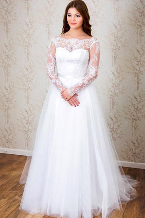 Simple A-line Long Sleeves White Tulle Lace Top Long Wedding Dresses DMA47