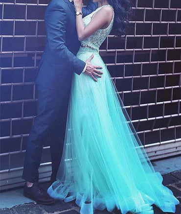 Unique Two Pieces Lace Tulle Long Prom Dress,Formal Evening Dresses DM978