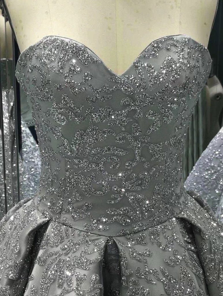 Sweetheart Gray Sleeveless Long Ball Gown Shiny Sequin Prom Dresses DM841
