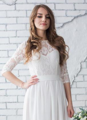 White Long Half Sleeve Chiffon Wedding Dress,Lace Beach Floor-Length Bridal Dress DM618