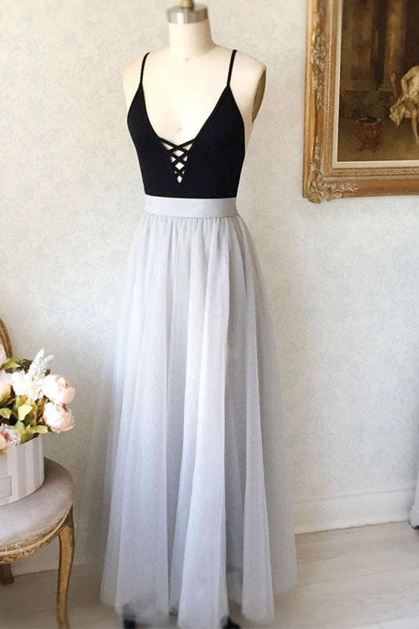 Simple A-Line Spaghetti Straps Black Top Tulle Gray Long Prom Evening Dress DMG17