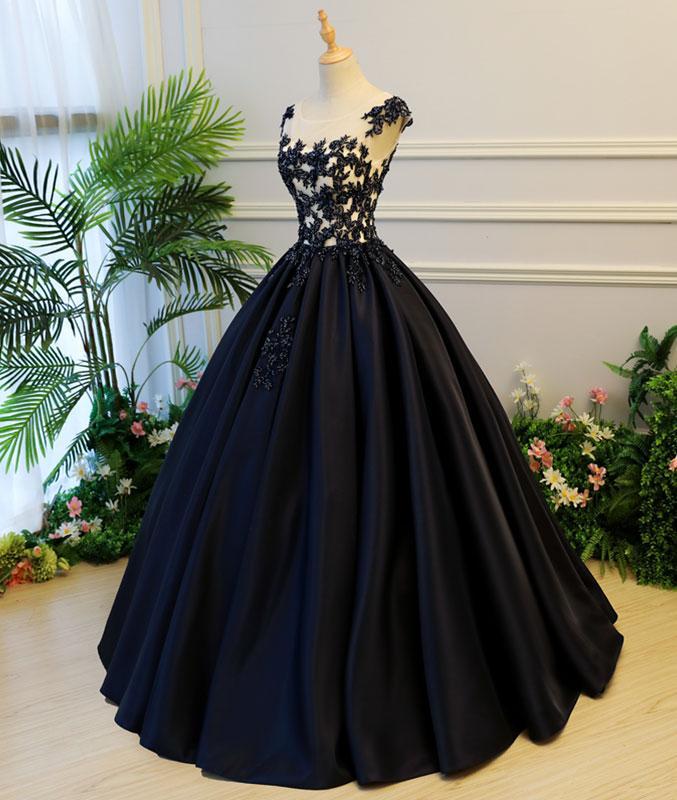 Generous Puffy A-Line Cap Sleeves Lace-up Black Satin Long Prom Dress with Appliques DM782