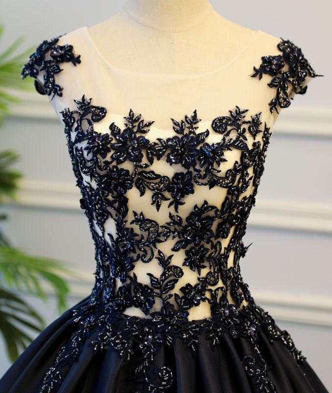 Generous Puffy A-Line Cap Sleeves Lace-up Black Satin Long Prom Dress with Appliques DM782