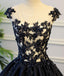 Generous Puffy A-Line Cap Sleeves Lace-up Black Satin Long Prom Dress with Appliques DM782