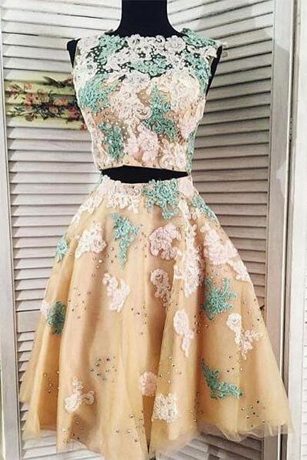 2 Pieces Lace Tulle Long Sleeve Homecoming Dress, Short Prom Gown DME11