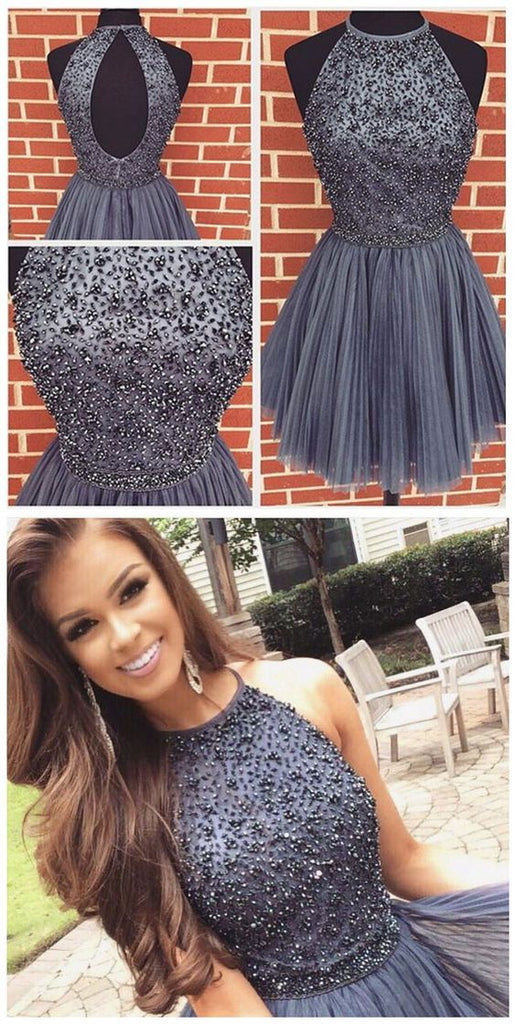 New Arrival Open Back Gray Tulle Short Prom Dresses Homecoming Dress DMJ92