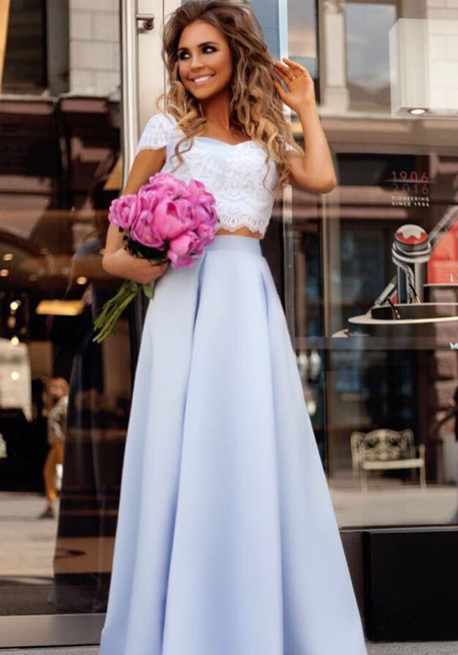 Cheap Light Blue Satin Two Piece Lace Top Floor Length Prom Dress DM891