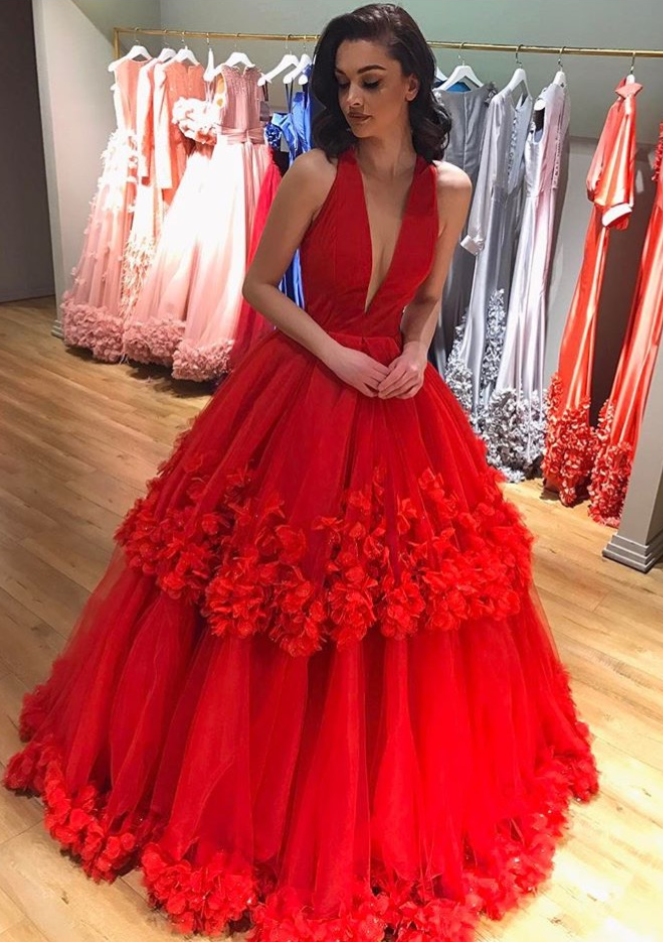 red deep v neck prom dress V-Neck Burgundy Deep Lace Sweep Train Backless Long Prom Gown, MP450