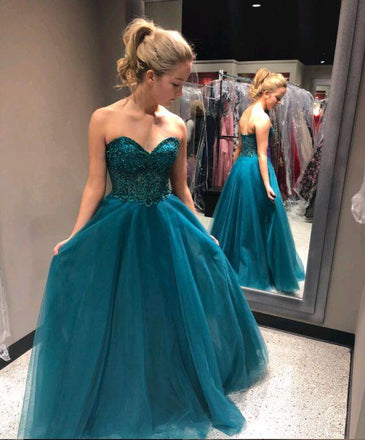 Sweetheart Beading A-Line Long Blue Tulle Cheap Prom Dresses DM957