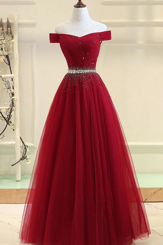 Burgundy A Line Off the Shoulder Beads Long Prom Dress DMI52