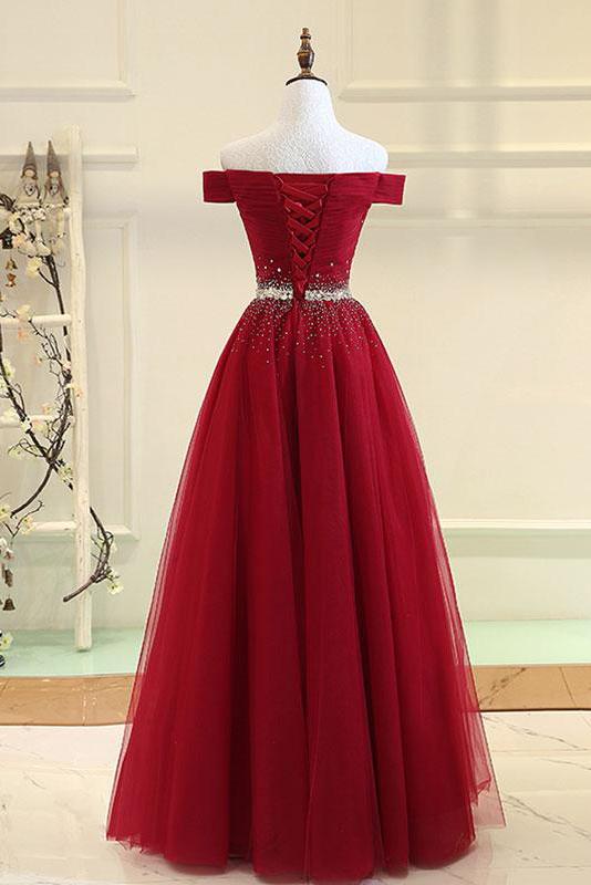 Burgundy A Line Off the Shoulder Beads Long Prom Dress DMI52