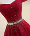 Burgundy A Line Off the Shoulder Beads Long Prom Dress DMI52