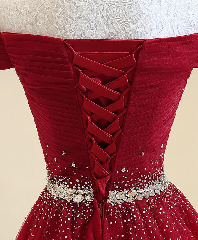 Burgundy A Line Off the Shoulder Beads Long Prom Dress DMI52