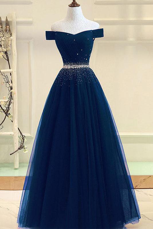 Burgundy A Line Off the Shoulder Beads Long Prom Dress DMI52